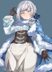 Rule 34 | 1girl, absurdres, akershus fortress (oshiro project), aqua eyes, badge, black corset, black gloves, blue cape, blue cloak, blush, bodysuit, braid, breasts, cape, center frills, cloak, corset, fluff, frilled shirt, frills, fur-trimmed cape, fur-trimmed cloak, fur trim, gloves, grey hair, hai ookami, hair ornament, hand up, highres, long sleeves, looking up, medium breasts, oshiro project:re, padded cloak, puffy long sleeves, puffy sleeves, ribbon, shirt, solo, striped ribbon, thighs, tight clothes, white bodysuit, white shirt