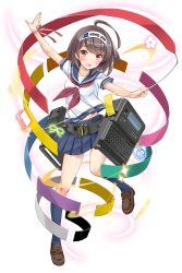 Rule 34 | 1girl, absurdres, ahoge, belt, brown hair, full body, gradient background, hairband, highres, kaden shoujo, loafers, mary janes, official art, personification, red eyes, ribbon, school uniform, serafuku, shoes, smile, solo