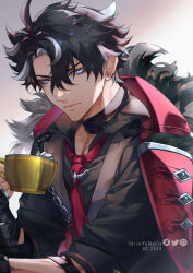 Rule 34 | 1boy, black hair, black shirt, blue eyes, closed mouth, coat, collarbone, cup, deviantart username, earrings, genshin impact, grey background, highres, holding, holding cup, jewelry, long sleeves, looking at viewer, multicolored hair, necktie, pixiv username, red coat, red necktie, shirashura, shirt, short hair, streaked hair, twitter username, wriothesley (genshin impact)