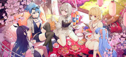 Rule 34 | 5girls, absurdres, akizone, black hair, black legwear, blue eyes, blue hair, breasts, brown hair, cheesecake, cherry blossoms, choker, cleavage, cup, eyewear on head, figure story, food, fruit, grey hair, handheld game console, highres, jewelry, long hair, looking at another, medium breasts, multiple girls, necklace, open mouth, outdoors, purple eyes, red eyes, sandwich, short hair, shorts, sitting, sunglasses, sunglasses on head, teacup, thighhighs, wariza