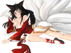 Rule 34 | 1girl, ahri (league of legends), animal ears, bare shoulders, black hair, blush, braid, breasts, cleavage, collarbone, detached sleeves, flats, fox ears, fox tail, greatest (artist), large breasts, league of legends, long hair, lying, multiple tails, shoes, solo, tail, uyo, white background, yellow eyes