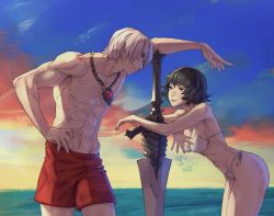Rule 34 | 1boy, 1girl, barefoot, beach, bikini, black hair, breasts, cleavage, cowboy shot, cropped, dante (devil may cry), devil may cry, devil may cry (series), devil may cry 3, fingernails, hand on own hip, heterochromia, lady (devil may cry), leaning forward, looking at another, male swimwear, muscular, ocean, ozkh, rebellion (sword), red male swimwear, red swim trunks, scar, scar on face, scar on nose, short hair, smile, sunset, swim trunks, swimsuit, sword, toned, topless male, weapon, white hair