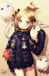 Rule 34 | 1girl, abigail williams (fate), abigail williams (traveling outfit) (fate), bambi nano, black bow, black jacket, blonde hair, blue eyes, blurry, blurry background, blush, bow, commentary request, dated, depth of field, fate/grand order, fate (series), hair bow, hair bun, hand up, head tilt, highres, jacket, long hair, long sleeves, looking at viewer, medjed (fate), nitocris (fate), nitocris (fate/grand order), nitocris (swimsuit assassin) (fate), hugging object, official alternate costume, orange bow, parted bangs, parted lips, polka dot, polka dot bow, signature, single hair bun, sleeves past fingers, sleeves past wrists, solo, stuffed animal, stuffed toy, teddy bear