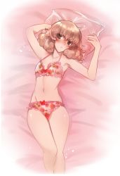 Rule 34 | blush, breasts, brown eyes, drawfag, fire emblem, fire emblem echoes: shadows of valentia, genny (fire emblem), highres, lingerie, looking to the side, nintendo, on bed, pillow, pink hair, small breasts, solo, thighs, underwear