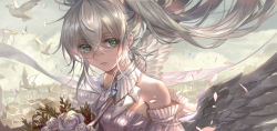 Rule 34 | 1girl, bird, bouquet, feathered wings, floating hair, flower, green eyes, hair between eyes, highres, holding, holding bouquet, long hair, looking at viewer, original, outdoors, parted lips, petals, samu (a117216), solo, upper body, very long hair, white flower, white hair, white wings, wings
