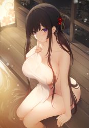 Rule 34 | 1girl, arm support, bare shoulders, bath, black hair, blush, breast suppress, breasts, cleavage, closed mouth, collarbone, covering privates, flower, hair bun, hair ornament, hand on own chest, holding, holding towel, lantern, large breasts, long hair, looking at viewer, miko (royal milk), mole, mole on breast, navel, night, nude, nude cover, onsen, original, paper lantern, partially submerged, purple eyes, ripples, sidelocks, single hair bun, sitting, smile, snow, snowing, soaking feet, solo, towel, very long hair, water, wet, wooden floor