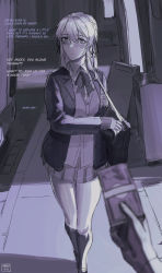 Rule 34 | 1girl, absurdres, alley, artist name, bag, banknote, black jacket, blazer, blush, collared shirt, dangodes, english text, greyscale, hair between eyes, hair ribbon, highres, jacket, kneehighs, long hair, looking at viewer, looking to the side, money, monochrome, neck ribbon, night, original, pleated skirt, pov, pov hands, ribbon, school uniform, shirt, shoulder bag, skirt, socks, solo focus, split mouth, sweater