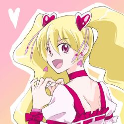 Rule 34 | 00s, 1girl, bad id, bad pixiv id, blonde hair, cure peach, earrings, fresh precure!, gorou, hair ornament, heart, heart earrings, heart hair ornament, heart hands, jewelry, long hair, magical girl, momozono love, pink eyes, precure, smile, solo, twintails