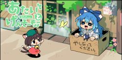 Rule 34 | 2girls, :3, animal ears, blue hair, box, brown hair, bug, butterfly, cardboard box, cat ears, cat tail, chen, hat, highres, homeless, hood, in box, in container, insect, mob cap, moyazou (kitaguni moyashi seizoujo), multiple girls, multiple tails, open mouth, tail, touhou, yorigami shion