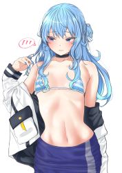 Rule 34 | 1girl, absurdres, bikini, bikini top only, blue eyes, blue hair, blue nails, blush, flat chest, hair bun, highres, hololive, hoshimachi suisei, jacket, jacket partially removed, kokechan, long hair, looking away, looking to the side, midriff, nail polish, navel, simple background, solo, spoken blush, star (symbol), star in eye, striped bikini, striped clothes, swimsuit, symbol in eye, virtual youtuber, white background