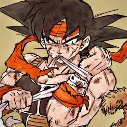 Rule 34 | 1boy, armor, bandaged wrist, bandages, bardock, biting, black eyes, black hair, clenched hands, close-up, collarbone, commentary request, dirty, dirty face, dragon ball, dragonball z, facial scar, fingernails, frown, highres, injury, looking to the side, male focus, monkey tail, muscular, scar, scar on cheek, scar on face, scratches, sepia background, serious, simple background, solo, spiked hair, tail, tkgsize, torn clothes, upper body, wristband