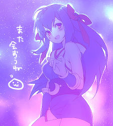 Rule 34 | 1girl, arutopian, black sash, blue hair, blue kimono, blush, bow, breasts, commentary request, cowboy shot, crescent, crescent pin, hair bow, japanese clothes, kimono, long hair, looking at viewer, lowres, medium breasts, ninja (ragnarok online), obi, open mouth, ragnarok online, red bow, red eyes, sash, sky, sleeveless, sleeveless kimono, smile, solo, star (sky), starry sky, vambraces