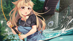 Rule 34 | 1girl, black shirt, blonde hair, blush, bridge, commentary request, cosplay, fish, fishing rod, forest, holding, holding fishing rod, kantai collection, long hair, nature, open mouth, outdoors, overalls, seiun sky (umamusume), seiun sky (umamusume) (cosplay), shirt, solo, tree, umamusume, very long hair, wading, water, yasume yukito, yuudachi (kancolle)