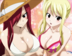 Rule 34 | 2girls, arms under breasts, bikini, blonde hair, blush, bra, breasts, brown eyes, cleavage, closed mouth, collarbone, crossed arms, erza scarlet, facing viewer, fairy tail, hair over one eye, happy, hat, large breasts, long hair, looking at viewer, lucy heartfilia, multiple girls, open mouth, red hair, screencap, seductive smile, side-by-side, smile, swimsuit, tongue, underwear, upper body