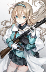 Rule 34 | 1girl, a maru, absurdres, artist name, bad id, bad pixiv id, black skirt, blonde hair, blue eyes, breasts, commentary request, girls&#039; frontline, gloves, gun, hair between eyes, hairband, highres, holding, holding gun, holding weapon, jacket, large breasts, looking at viewer, skirt, solo, suomi (girls&#039; frontline), thighhighs, weapon, white gloves, white jacket, white thighhighs