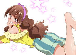 Rule 34 | 1girl, alternate eye color, amanogawa kirara, bad id, bad pixiv id, barefoot, blush, bow, brown eyes, brown hair, earrings, go! princess precure, grin, hair bow, hairband, highres, jewelry, leg up, long hair, looking at viewer, looking back, lying, on stomach, precure, purple eyes, sharumon, shirt, shorts, smile, solo, star (symbol), star earrings, striped clothes, striped shorts, the pose, twintails, white background, yellow shirt