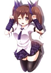 Rule 34 | 1girl, arm warmers, black thighhighs, bouncing breasts, breasts, brown eyes, brown hair, checkered clothes, checkered skirt, hair ribbon, himekaidou hatate, jumping, kyowosuke, looking at viewer, neckerchief, one eye closed, open mouth, puffy short sleeves, puffy sleeves, ribbon, shadow, shirt, short sleeves, simple background, skirt, smile, solo, thighhighs, touhou, twintails, white background, wink, zettai ryouiki