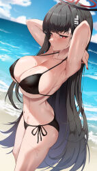 Rule 34 | 1girl, armpits, arms up, beach, bikini, black bikini, black hair, blue archive, blue sky, breasts, butt crack, closed mouth, cloud, day, from side, hair ornament, hairclip, halo, highres, large breasts, lessone, long hair, navel, ocean, outdoors, red eyes, red nails, rio (blue archive), side-tie bikini bottom, sky, solo, stomach, swimsuit, very long hair, wet