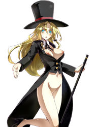 Rule 34 | 1girl, blonde hair, blue eyes, blush, bottomless, breasts, cane, detached collar, hat, high heels, large breasts, long hair, magician, namuya, navel, nipples, open mouth, original, solo, tailcoat, top hat