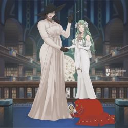 Rule 34 | 3girls, alcina dimitrescu, artist name, bare shoulders, black flower, black gloves, black rose, border, breasts, brown hair, cigarette holder, cleavage, corsage, crossover, dress, earrings, edelgard von hresvelg, closed eyes, fake horns, female focus, fire emblem, fire emblem: three houses, flower, full body, gloves, green eyes, green hair, hair flower, hair ornament, holding hands, hat, height difference, highres, horned headwear, horns, indoors, inoue kikuko, jewelry, johncgz, kneeling, large breasts, lipstick, long hair, long sleeves, looking at viewer, makeup, matching hair/eyes, mature female, multiple girls, necklace, nintendo, pale skin, parted lips, pearl earrings, pearl necklace, resident evil, resident evil village, rhea (fire emblem), rose, standing on person, sun hat, tiara, voice actor connection, white dress, white hair, wide hips, yellow eyes