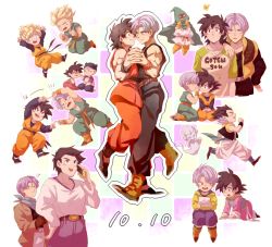 Rule 34 | 3boys, :d, :o, annoyed, baby, black eyes, black hair, blonde hair, blue eyes, blush stickers, bug, butterfly, cellphone, dancing, dated, dougi, dragon ball, dragonball z, fusion dance, gotenks, hand to own mouth, holding hands, insect, long sleeves, male focus, multiple boys, open mouth, phone, purple hair, running, short hair, smile, son goten, spiked hair, super saiyan, super saiyan 1, trunks (dragon ball), wristband