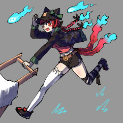 Rule 34 | 1girl, alternate costume, animal ears, belt, black ribbon, black shorts, blue fire, blunt bangs, blush, bow, braid, cat ears, cat girl, cat tail, extra tails, fang, fire, floral print, full body, green bow, grey background, hat, hat bow, highres, jacket, kaenbyou rin, kaibootsu, leg ribbon, long sleeves, looking at viewer, nekomata, red eyes, red hair, ribbon, running, shorts, single thighhigh, skin fang, smile, solo, tail, thighhighs, touhou, twin braids, wheelbarrow