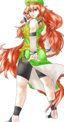 Rule 34 | 1girl, alternate costume, bad id, bad pixiv id, bare shoulders, bike shorts, braid, breasts, china dress, chinese clothes, detached sleeves, dragon, dress, female focus, hair ribbon, hat, hong meiling, large breasts, long hair, looking back, red hair, ribbon, solo, somsom, star (symbol), embodiment of scarlet devil, touhou, twin braids, very long hair, white background