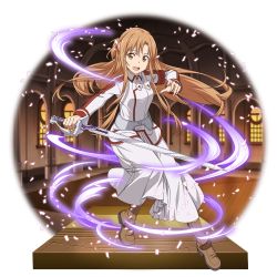 Rule 34 | 1girl, :d, asuna (sao), boots, braid, brown footwear, brown hair, crown braid, floating hair, full body, hair between eyes, highres, holding, holding sword, holding weapon, jacket, long hair, long skirt, long sleeves, looking at viewer, official art, open mouth, orange eyes, skirt, smile, solo, sword, sword art online, transparent background, very long hair, weapon, white jacket, white skirt