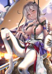 Rule 34 | 1girl, alcohol, areola slip, bare shoulders, blurry, blush, bottle, breasts, breasts out, cherry blossoms, clothes pull, clothing cutout, collarbone, depth of field, goddess of victory: nikke, grey hair, grin, hat, head tilt, highres, jingasa, large hat, leg cutout, leotard, long hair, looking at viewer, medium breasts, rairaisuruyo, sake bottle, scarlet (nikke), smile, solo, white leotard, wrist guards, yellow eyes