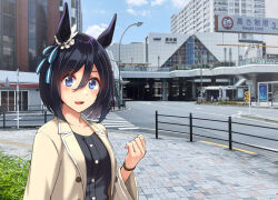Rule 34 | 1girl, abo (hechouchou), animal ears, black hair, blue eyes, blush, bob cut, casual, coat, collarbone, eishin flash (umamusume), horse ears, horse girl, long sleeves, looking at viewer, open clothes, open coat, outdoors, photo background, puffy long sleeves, puffy sleeves, smile, solo, umamusume, upper body