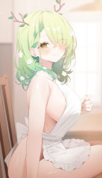 Rule 34 | 1girl, apron, bare arms, bare shoulders, blurry, blurry background, blush, breasts, ceres fauna, closed mouth, commentary, deyui, english commentary, fingernails, flower, frilled apron, frills, from side, green hair, green nails, hair flower, hair ornament, hair over one eye, highres, hololive, hololive english, indoors, large breasts, looking at viewer, medium hair, mole, mole under eye, nail polish, naked apron, on chair, paid reward available, sideboob, sitting, smile, solo, virtual youtuber, white apron, white flower, yellow eyes