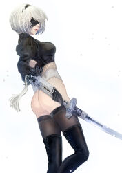 Rule 34 | 1girl, 2b (nier:automata), ass, black blindfold, black hairband, blindfold, boots, covered eyes, feather-trimmed sleeves, feather trim, gloves, hairband, highres, juliet sleeves, leotard, long sleeves, mitsuki nite, nier:automata, nier (series), puffy sleeves, short hair, simple background, solo, thighhighs, thighhighs under boots, thong leotard, virtuous contract, white background, white hair, white leotard