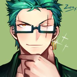 Rule 34 | 1boy, character name, earrings, glasses, green background, green hair, jewelry, lowres, male focus, one-eyed, one piece, roronoa zoro, sanme, scar, simple background, solo, yellow eyes