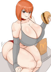 1girl absurdres arm_at_side bare_shoulders breasts brown_eyes burger camisole choker cleavage collarbone curvy detached_sleeves eyebrows eyelashes feet_out_of_frame female_focus food grey_camisole grey_sleeves grin hand_up highres holding holding_food huge_breasts legs_together looking_at_viewer mcdonald&#039;s medium_hair mother_(yoru_mac) navel orange_hair panties red_choker red_panties simple_background sitting sleeves_past_wrists smile solo teeth thebig-z thick_thighs thighs tight_clothes underwear white_background wide_hips yoru_mac