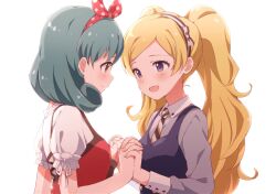 Rule 34 | 2girls, blonde hair, blue dress, blush, breasts, brown eyes, brown trim, buchi (y0u0ri ), charlotte charlotte (idolmaster), closed mouth, curly hair, dot nose, dress, emily stewart, green hair, grey shirt, hairband, hands up, highres, holding hands, idolmaster, idolmaster million live!, idolmaster million live! theater days, interlocked fingers, long hair, long sleeves, looking at another, medium breasts, medium hair, multiple girls, necktie, open mouth, polka dot hairband, purple eyes, red dress, red hairband, shirt, short sleeves, simple background, sleeveless, sleeveless dress, small breasts, smile, striped necktie, tokugawa matsuri, twintails, two-tone necktie, upper body, white background, white hairband, white shirt