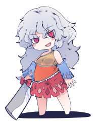 Rule 34 | 1girl, :d, blue sleeves, bow, chahan (fried rice0614), cleaver, detached sleeves, dress, fang, full body, grey hair, highres, long hair, looking at viewer, multicolored clothes, multicolored dress, nata (tool), one-hour drawing challenge, open mouth, red bow, red eyes, sakata nemuno, single strap, smile, solo, standing, touhou