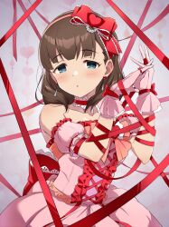 Rule 34 | 1girl, arm ribbon, bare shoulders, blue eyes, blurry, blurry background, blush, bow, bowtie, breasts, brown hair, choker, detached sleeves, dot nose, dress, earrings, finger ribbon, frilled dress, frilled sleeves, frills, gloves, hair ornament, hair ribbon, hairband, hands up, heart, highres, idolmaster, idolmaster cinderella girls, idolmaster cinderella girls starlight stage, jewelry, looking at viewer, medium breasts, nanananananasea, parted lips, pearl hair ornament, pink background, pink bow, pink bowtie, pink dress, pink gloves, pink hairband, pink sleeves, red choker, red ribbon, ribbon, sakuma mayu, short hair, sleeveless, sleeveless dress, solo, wrist ribbon