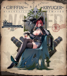 Rule 34 | 1girl, artist request, belt, black belt, black coat, black dress, black footwear, black gloves, black hat, black thighhighs, breasts, cannon, character name, cleavage, coat, coat on shoulders, commentary, crossed legs, cup, dress, drinking glass, english commentary, epaulettes, eyepatch, girls&#039; frontline, gloves, hat, high heels, highres, holding, holding cup, jewelry, large breasts, looking at viewer, medium hair, necklace, official alternate costume, official art, pirate costume, pirate hat, red eyes, red hair, short dress, sitting, solo, thighhighs, throne, ts12 (girls&#039; frontline), ts12 (redheaded demon queen of the seas) (girls&#039; frontline), weapon