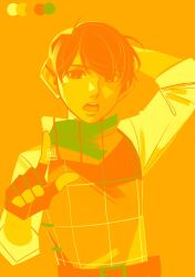 Rule 34 | 1boy, arm behind head, artist logo, artist name, chilchuck tims, color guide, colored skin, commentary, dungeon meshi, english commentary, fingerless gloves, gloves, hand up, limited palette, long sleeves, looking at viewer, male focus, mhaikkun, open mouth, orange background, orange eyes, orange gloves, orange hair, orange skin, orange theme, orange vest, pointing, pointing at viewer, short hair, simple background, sleeveless, solo, upper body, very short hair, vest
