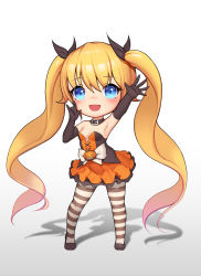 Rule 34 | 1girl, absurdres, bad id, bad pixiv id, black gloves, blonde hair, blue eyes, blush, breasts, brown pantyhose, chibi, cleavage, dduck kong, elbow gloves, full body, gloves, halloween, highres, long hair, looking at viewer, open mouth, original, pantyhose, small breasts, smile, solo, standing, striped clothes, striped pantyhose, twintails, white pantyhose