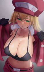 Rule 34 | 1girl, aged up, alternate breast size, belt, black belt, black gloves, black tank top, blonde hair, blush, breasts, cabbie hat, cleavage, collarbone, gloves, green eyes, hair between eyes, hat, highres, jacket, large breasts, long hair, looking at viewer, mega man (series), mega man legends (series), midriff, navel, nose blush, open clothes, open jacket, parted lips, red hat, red shorts, roll caskett (mega man), shorts, solo, steaming body, sweat, tank top, undressing, wabimochi