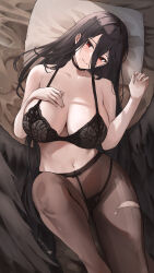 Rule 34 | 1girl, absurdres, bare shoulders, black bra, black choker, black hair, black panties, black pantyhose, blue archive, blush, bra, breasts, choker, cleavage, closed mouth, collarbone, elvandec, hair between eyes, hasumi (blue archive), highres, large breasts, looking at viewer, lying, mole, mole under eye, navel, no halo, on back, panties, panties under pantyhose, pantyhose, pillow, red eyes, solo, thighs, torn clothes, torn pantyhose, underwear