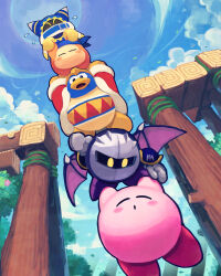 Rule 34 | absurdres, armor, bandana, bandana waddle dee, bat wings, blue sky, blush stickers, closed eyes, cloud, colored skin, creature, flower, gloves, highres, king dedede, kirby, kirby&#039;s return to dream land, kirby (series), looking down, magolor, mask, meta knight, nintendo, no humans, open mouth, pauldrons, pink flower, pink skin, rayman limbs, shoulder armor, signature, sky, star (symbol), suyasuyabi, sweat, tree, ufo (kirby), wings, yellow eyes, yellow gloves