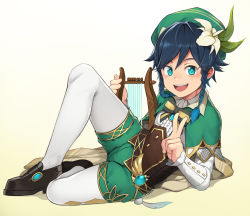 Rule 34 | 1boy, absurdres, blue eyes, blue hair, blush, daikung, genshin impact, green hat, hat, highres, long hair, looking at viewer, lying, lyre, male focus, on side, open mouth, shoes, short shorts, shorts, smile, solo, v, venti (genshin impact)