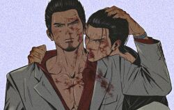 Rule 34 | 2boys, bara, blood, blood on face, character request, clothes tug, collared shirt, facial hair, fighting, frown, genandnak, goatee stubble, hand on another&#039;s head, kiryu kazuma, looking at viewer, male focus, mature male, messy hair, multiple boys, nosebleed, off shoulder, pectoral cleavage, pectorals, ryuu ga gotoku (series), ryuu ga gotoku 0, shirt, short hair, stubble, thick eyebrows, tongue, tongue out, upper body, yakuza, yaoi