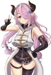 Rule 34 | 1girl, arm up, belt, black gloves, black thighhighs, blue eyes, blush, breasts, desspie, elbow gloves, fingerless gloves, gloves, granblue fantasy, grin, hair over one eye, highres, horns, large breasts, looking at viewer, narmaya (granblue fantasy), parted lips, pink hair, pointy ears, single thighhigh, smile, solo, thighhighs, v