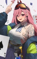 Rule 34 | 1girl, absurdres, aipa, black jacket, black shirt, breast tattoo, breasts, card, commission, earrings, fangs, girls&#039; frontline, goggles, goggles on head, hair between eyes, highres, holding, holding card, jacket, jewelry, large breasts, long hair, long sleeves, neck tattoo, open clothes, open jacket, open mouth, pink eyes, pink hair, playing card, pleated skirt, shirt, shoulder tattoo, sideboob, sig mcx (girls&#039; frontline), single bare shoulder, skeb commission, skirt, solo, tattoo, torn clothes, torn shirt, white shirt
