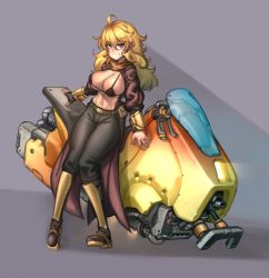 Rule 34 | 1girl, ahoge, belt, belt buckle, bikini, bikini top only, blonde hair, boots, breasts, buckle, cleavage, commentary, commission, english commentary, full body, grey background, hair between eyes, highres, hover bike, kelvin hiu, large breasts, long hair, long sleeves, looking at viewer, navel, pants, purple eyes, rwby, simple background, sitting, solo, swimsuit, third-party source, yang xiao long