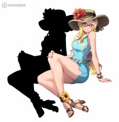 Rule 34 | 1girl, alternate costume, armband, artist request, bare legs, beads, blonde eyebrows, blonde hair, blue eyes, breasts, brown footwear, closed mouth, company name, diana caprice, dress, english text, flower, full body, green wristband, hand on ground, hand on own knee, hat, hat flower, light blue dress, light blue headband, logo, long hair, low-tied long hair, low ponytail, medium breasts, necktie, official art, red-framed eyewear, red flower, sakura taisen, sakura taisen v, sandals, sega, shoe flower, short dress, side slit, silhouette, silver belt, simple background, sitting, sleeveless, smile, solo, striped clothes, striped dress, sun hat, sunflower, third-party source, vertical-striped clothes, vertical-striped dress, watermark, wavy sidelocks, white background, wristband, yellow flower