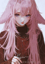 Rule 34 | 1girl, animal ears, artist logo, blue background, cherry blossom collar, closed mouth, floppy ears, fox ears, fox girl, genshin impact, hair between eyes, highres, jewelry, lips, long hair, long sleeves, looking at viewer, mixed-language commentary, necklace, nixeu, nose, patreon username, pink hair, purple eyes, red lips, red sweater, signature, simple background, sleeves past wrists, solo, sweater, upper body, watermark, web address, yae miko